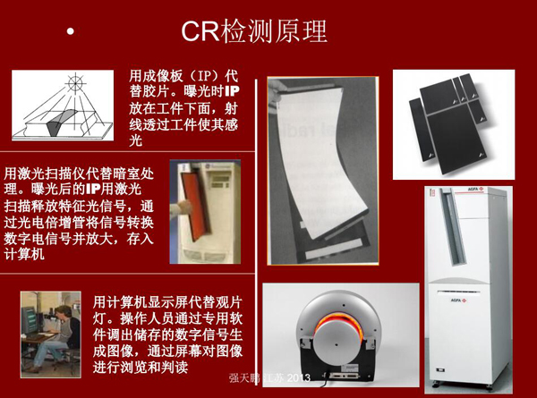 CR檢測(cè)原理：用成像板代替膠片，曝光時(shí)成像片放在工件下面，射線透過(guò)工件使其感光；曝光后的成像板用激光掃描釋放特征光信號(hào)，通過(guò)光電轉(zhuǎn)換存入計(jì)算機(jī)