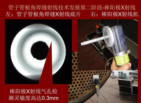 管子管板角焊縫射線技術(shù)發(fā)展第二階段：棒陽(yáng)極X射線，棒陽(yáng)極X射線采用棒陽(yáng)極X射線機(jī)，其氣孔檢測(cè)靈敏可高達(dá)0.3mm