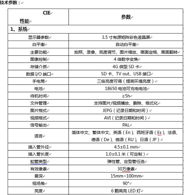 CIE便攜式汽修內(nèi)窺鏡圖像控制、數(shù)據(jù)I/O接口、插入管外徑、長度等主要性能技術(shù)指標