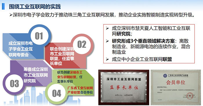 圍繞工業(yè)互聯(lián)網(wǎng)的實(shí)踐：深圳市電子學(xué)會(huì)致力于推動(dòng)珠三角工業(yè)互聯(lián)網(wǎng)發(fā)展，推動(dòng)企業(yè)實(shí)施智能制造實(shí)現(xiàn)轉(zhuǎn)型升級(jí)。
