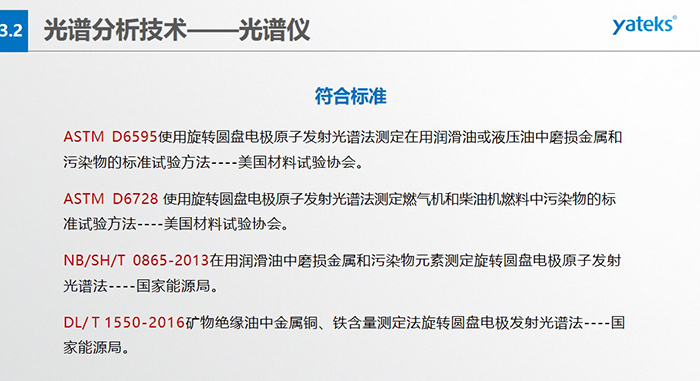 ASTM D6595使用旋轉(zhuǎn)圓盤電極原子發(fā)射光譜法測定在用潤滑油或液壓油中磨損金屬和污染物的標(biāo)準(zhǔn)試驗(yàn)方法----美國材料試驗(yàn)協(xié)會(huì)。   ASTM D6728 使用旋轉(zhuǎn)圓盤電極原子發(fā)射光譜法測定燃?xì)鈾C(jī)和柴油機(jī)燃料中污染物的標(biāo)準(zhǔn)試驗(yàn)方法----美國材料試驗(yàn)協(xié)會(huì)。   NB/SH/T 0865-2013在用潤滑油中磨損金屬和污染物元素測定旋轉(zhuǎn)圓盤電極原子發(fā)射光譜法----國家能源局。   DL/ T 1550-2016礦物絕緣油中金屬銅、鐵含量測定法旋轉(zhuǎn)圓盤電極發(fā)射光譜法----國家能源局。